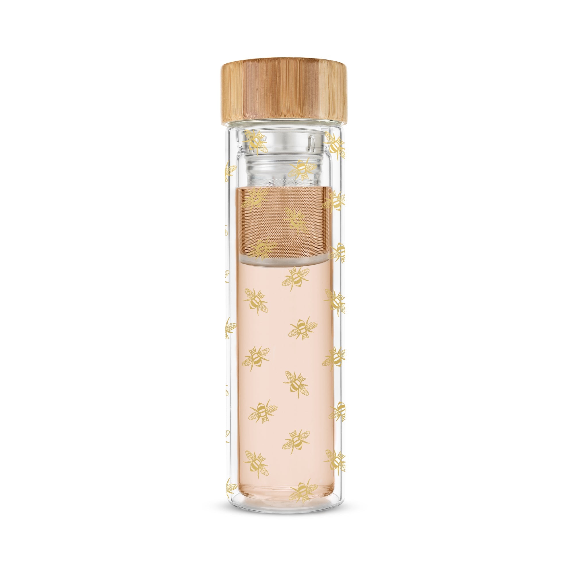 Pinky Up Blair Bee Glass Travel Infuser Mug, double-walled borosilicate glass, 16 oz. capacity, detachable infuser, metallic gold details.