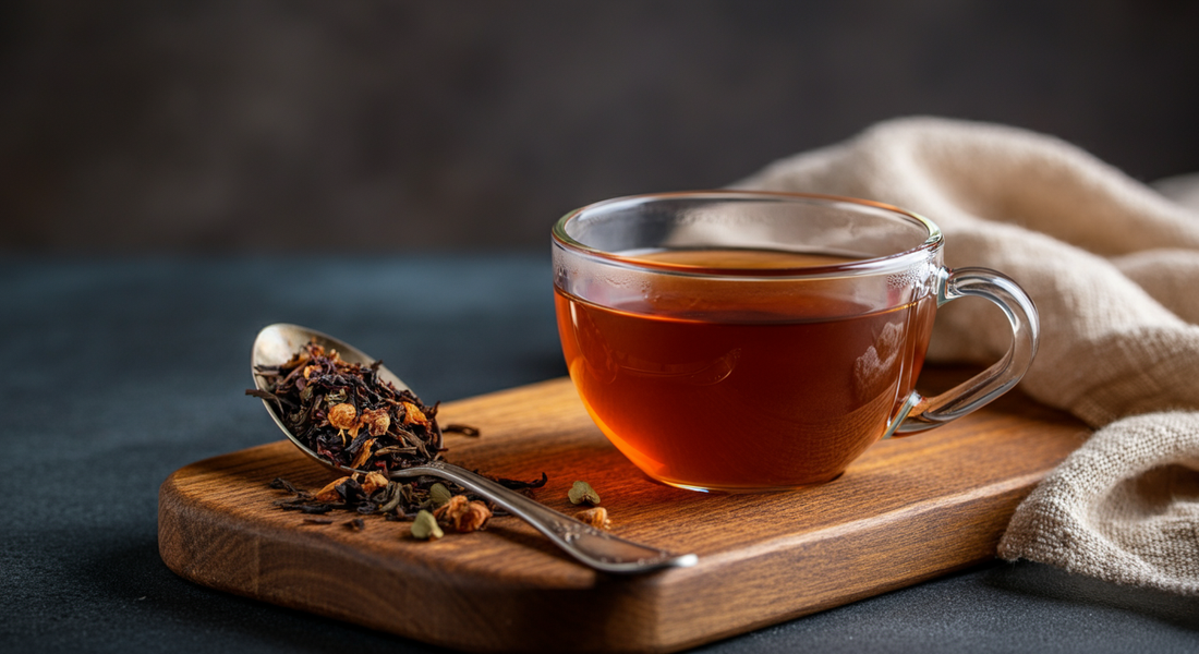 Clear glass cup of tea on a wooden board with a spoon of loose tea