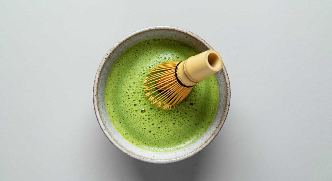 Traditional bamboo matcha whisk (chasen) on a cup of matcha.