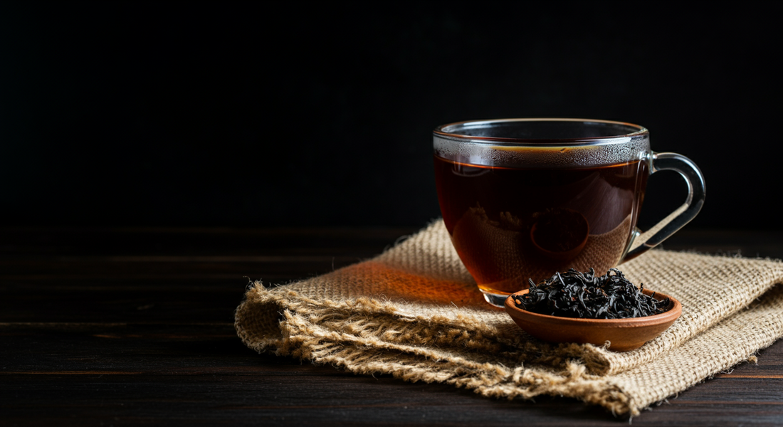 A glass cup of hot Assam black tea. A rustic dish of loose tea leaves sits beside it on textured burlap atop a dark wooden surface.