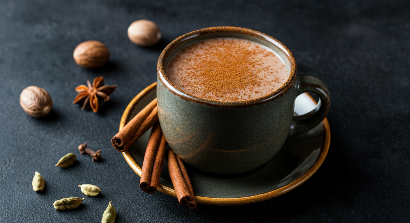 A rustic ceramic cup filled with creamy chai sits on a matching saucer, garnished with cinnamon sticks and a star anise.