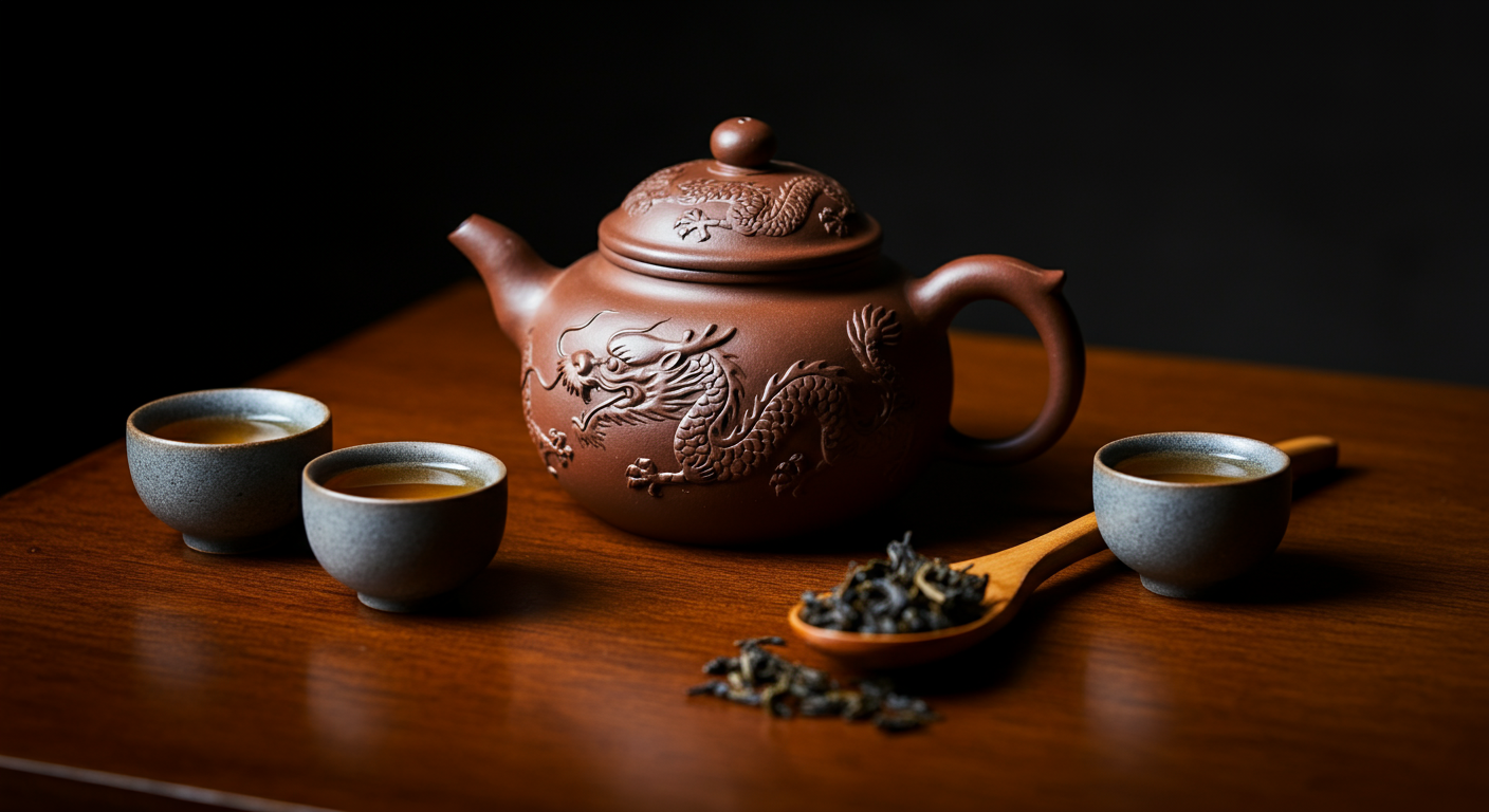 A traditional tea set on a polished wooden table featuring a carved dragon Yixing clay teapot, small cups filled with golden tea, and a wooden spoon holding loose oolong tea leaves