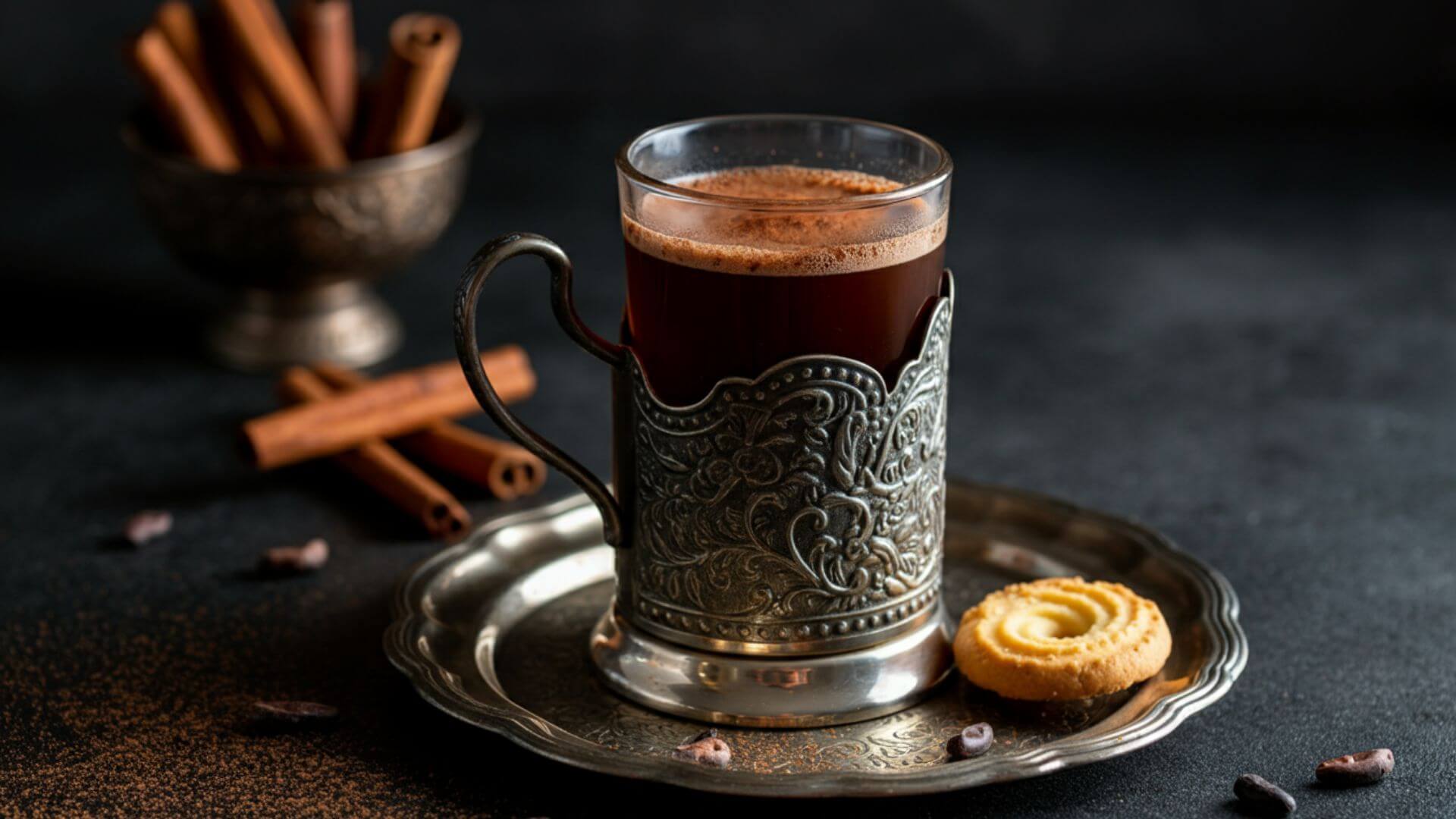 Glass mug of rich chocolate tea served in an ornate silver holder and placed on a decorative silver tray 