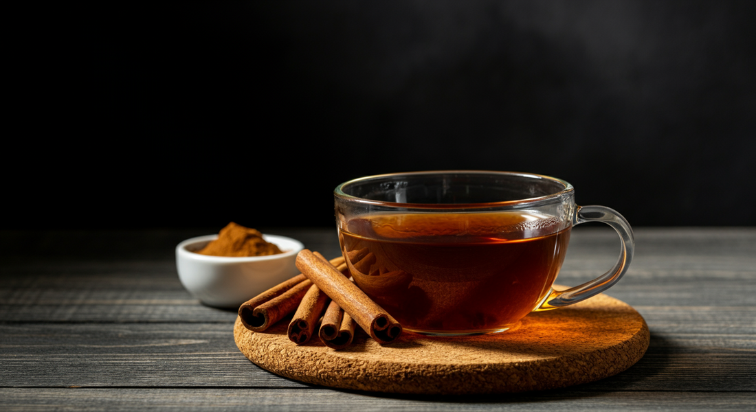 Glass cup of warm black cinnamon tea on a round cork mat, surrounded by curled cinnamon sticks.