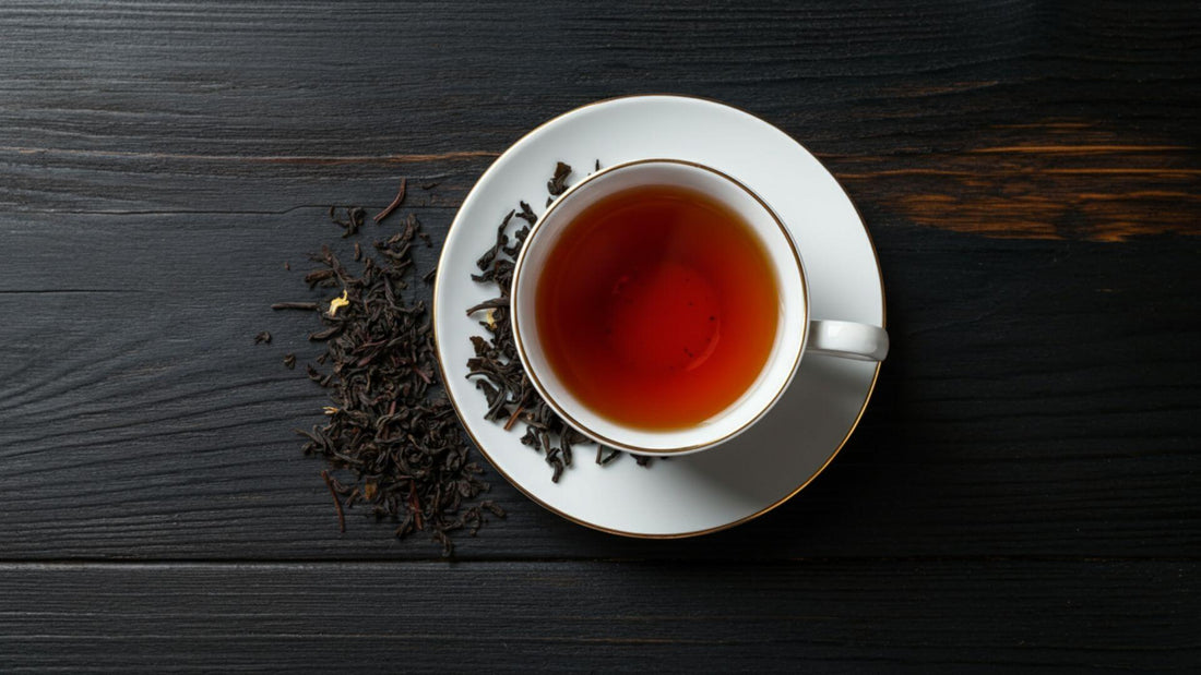 A white porcelain teacup filled with deep decaf black tea, resting on a matching saucer with loose leaf tea on the side