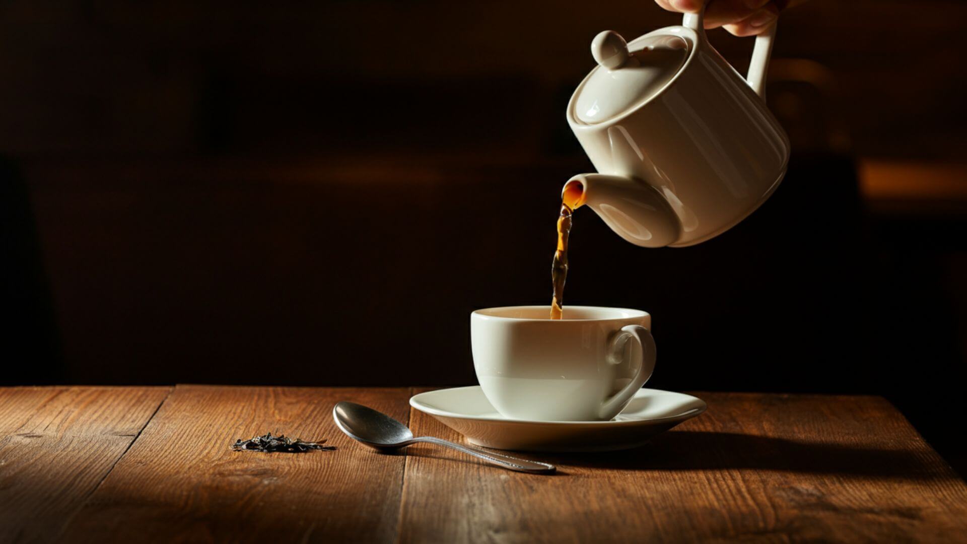 A teapot pouring decaf tea into a teacup