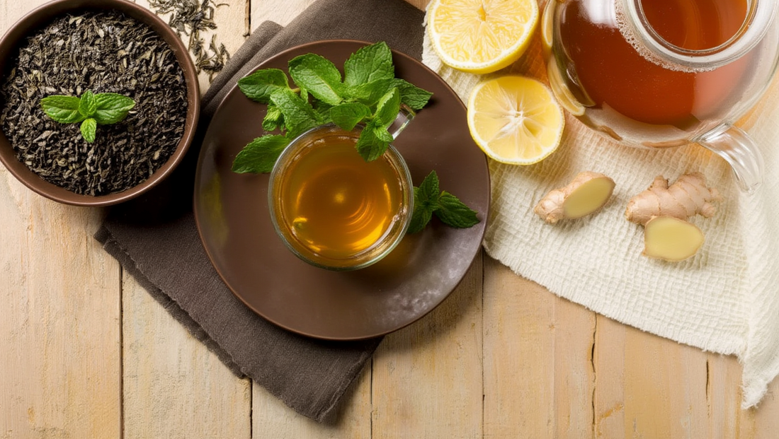 A cup of herbal tea with a bowl of loose leaf tea, lemon, and ginger on the side, featuring green tea and all natural ingredients to support the body's natural detoxification processes, digestive tract, kidney function, and overall wellness, making it an 