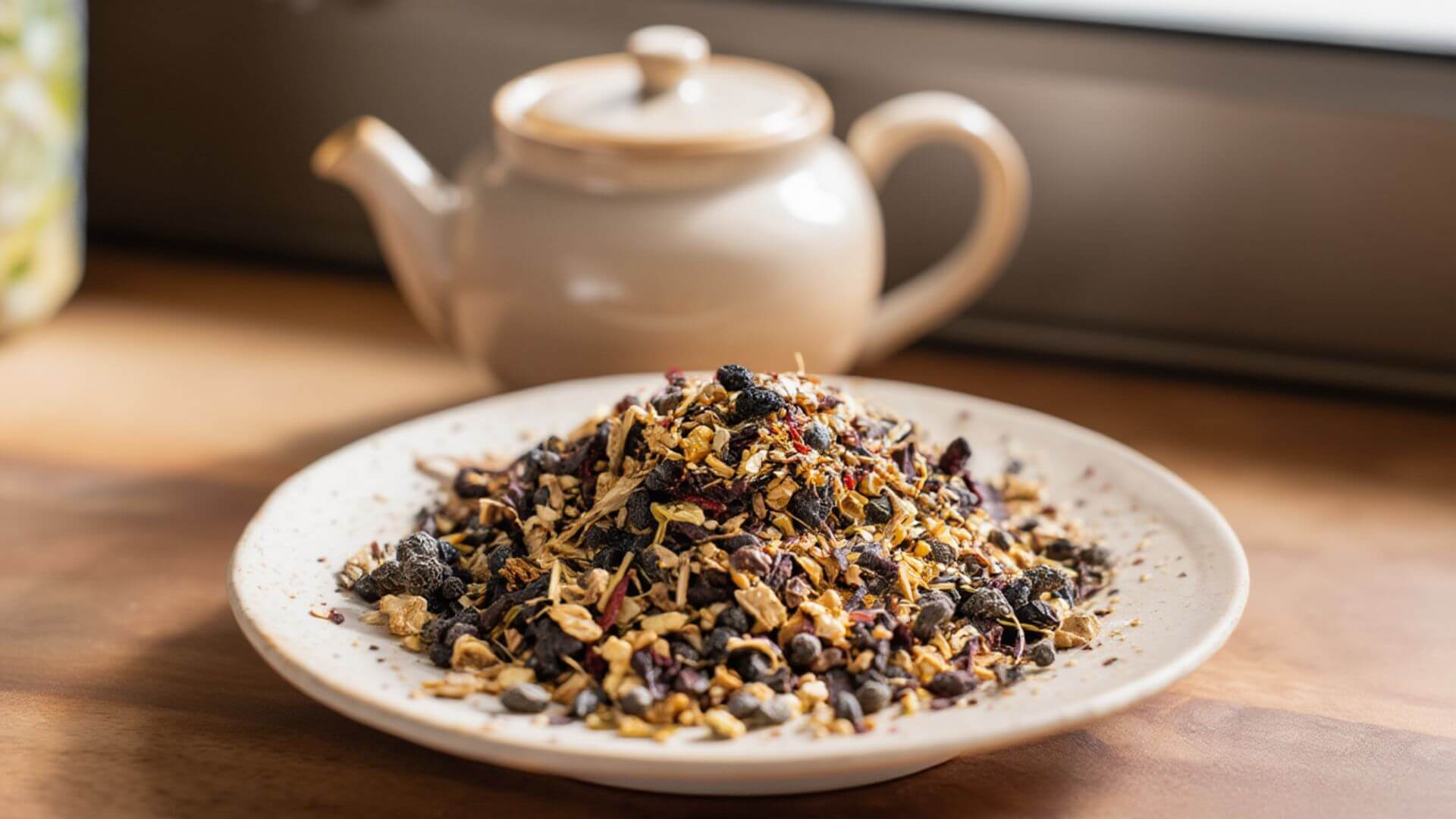 Elder berry tea in a plate with a teapot in the background