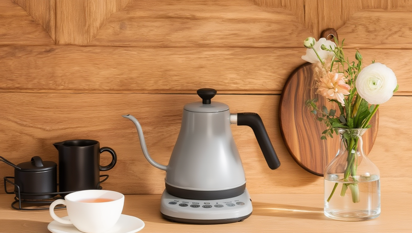 A modern electric kettle on a wooden countertop, designed with an ergonomic handle, water level window, and measurement markings to reach the ideal temperature for pour over coffee, french press coffee, or water to a boil quickly, minimizing off flavors.