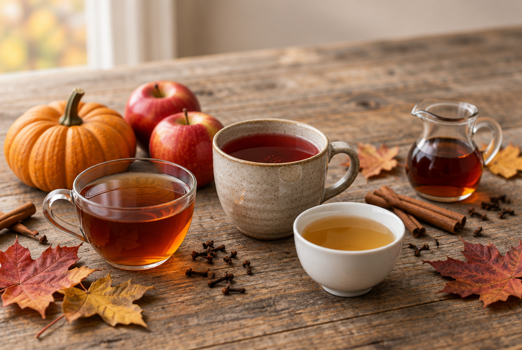 Three cups of fall tea on an oak table with a pumpkin, red apples, cinnamon sticks, cloves, a jug of maple syrup and maple leaves