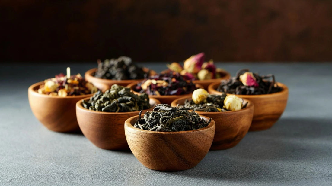 An 8 small wooden bowls filled with assorted loose-leaf teas