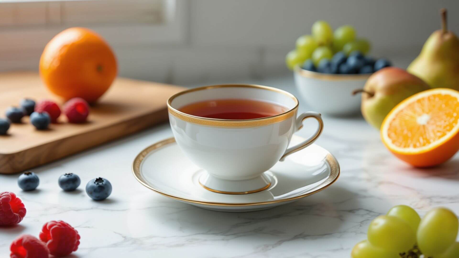 A teacup surrounded with different fruits