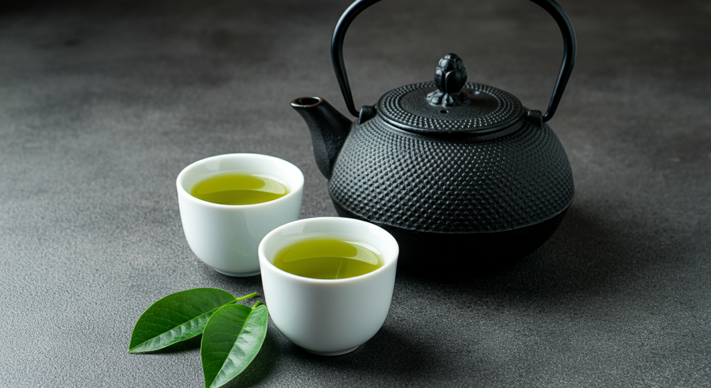 black teapot sits beside two white cups filled with vibrant green tea without using green tea bags