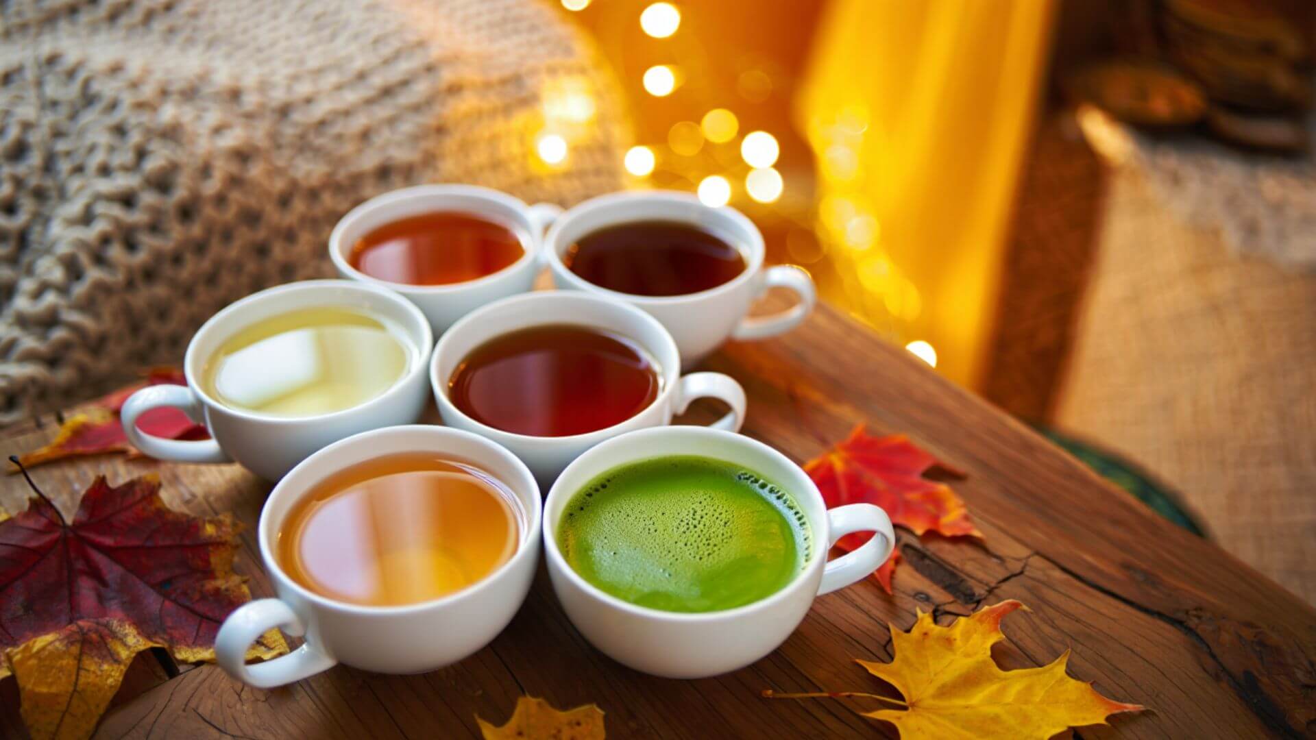 6 cups of high caffeine teas including black tea, darjeeling, white tea, matcha, oolong tea ,and green tea in a wooden table