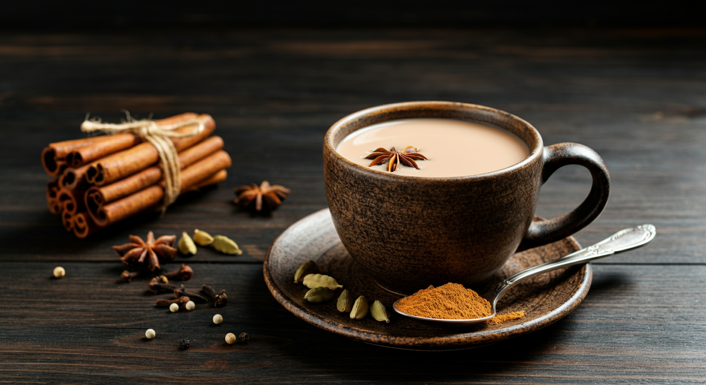 Rustic ceramic cup on a matching saucer filled with creamy masala chai, topped with a star anise. A silver spoon rests on the saucer amid scattered spices like cardamom, cloves, peppercorns, and allspice.