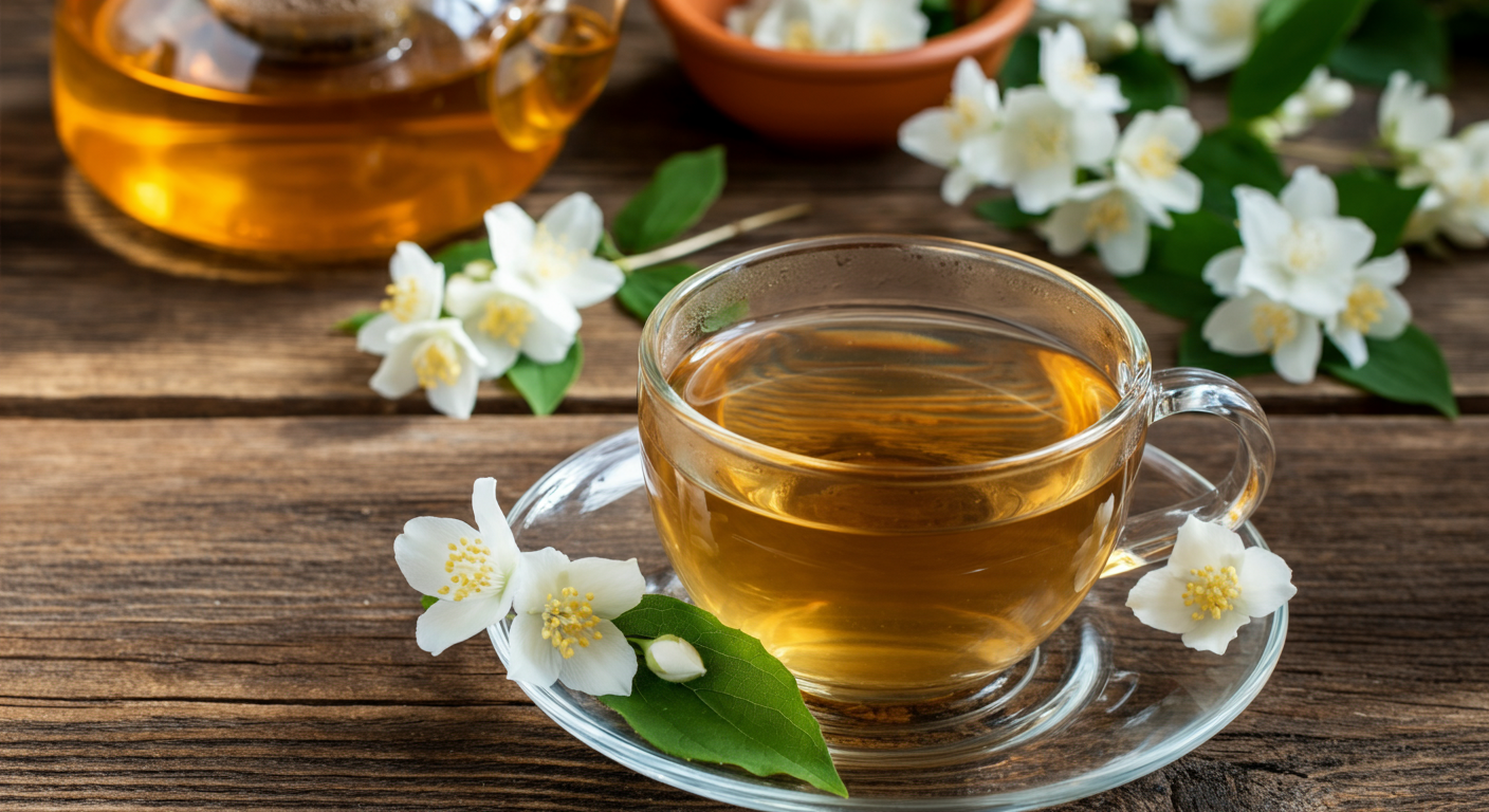 A clear glass cup of golden jasmine tea sits on a rustic wooden table, surrounded by white jasmine flowers and green leaves.
