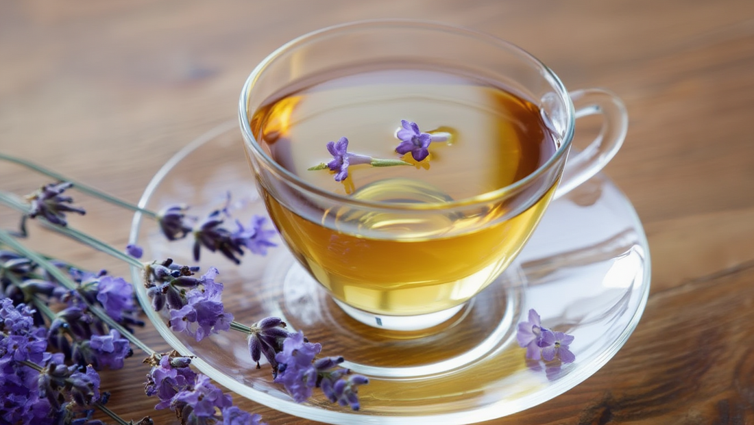 A warm cup of golden-hued lavender tea, with a clear, soothing appearance.