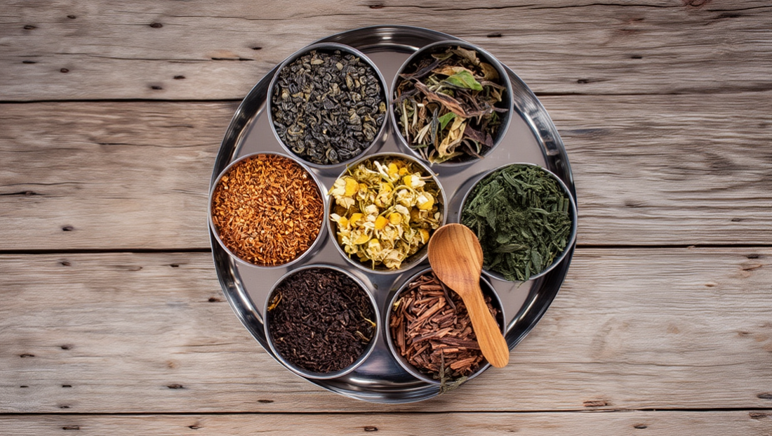 Six stainless steel stackable tins filled with loose leaf tea and herbal tea on a steel tray with a wooden scoop, showing the benefits of proper tea storage to save freshness, protect tea from becoming oxidized, and help tea lovers enjoy every cup.