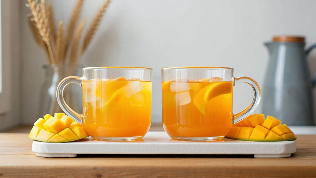 2 Mango iced teas with mango fruits on each side