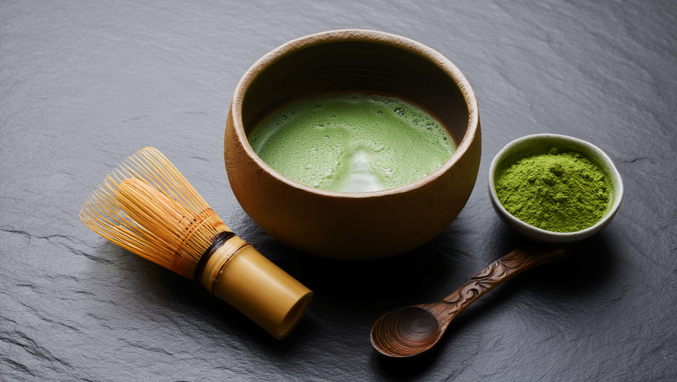 A bowl of matcha with a whisk and spoon, with matcha powder spilled on the floor, highlighting easy and effective whisking for both the preparation and achieving the ideal froth, using a sifter to enhance detail and functionality in the traditional ritual