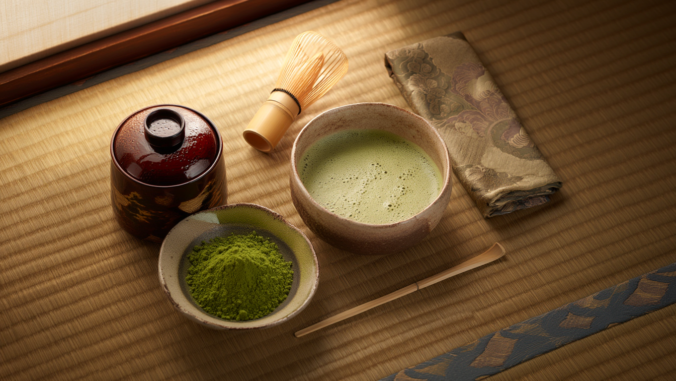 A matcha setup with a bowl of powdered matcha, freshly whisked matcha mixed in water, a bamboo whisk, and a wooden scooper on a wooden mat, displayed as a complete combination set that includes a storage tin for keeping the matcha fresh.