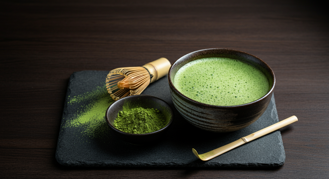 A traditional tea ceremony scene with a bowl of frothy green matcha, a bowl of matcha powder, and a bamboo whisk