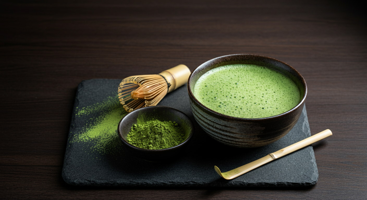 A traditional tea ceremony scene with a bowl of frothy green matcha, a bowl of matcha powder, and a bamboo whisk