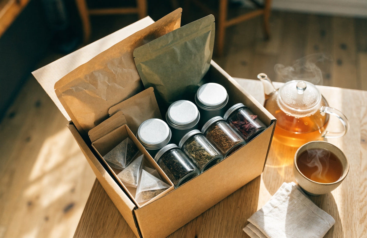 An opened delivery box of assorted loose-leaf teas, tea sachets and tins next to a glass teapot and a cup of tea on an oak table