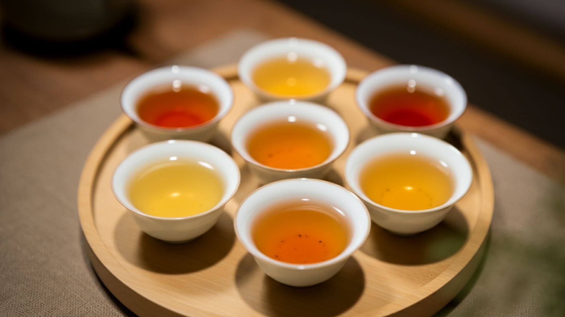 Seven small white bowls filled with oolong teas are arranged on a light wooden tray