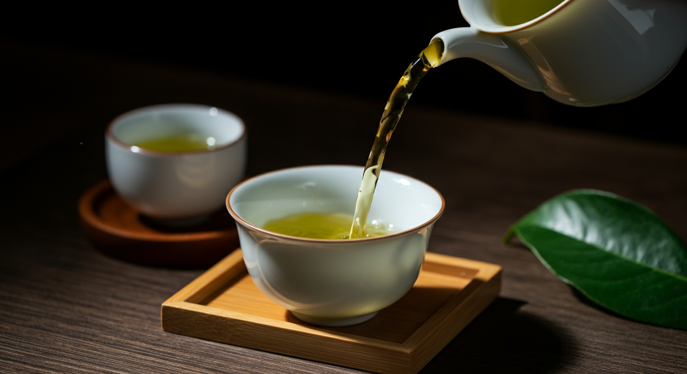 two ceramic cups of green tea with a matching ceramic teapot on a wooden table