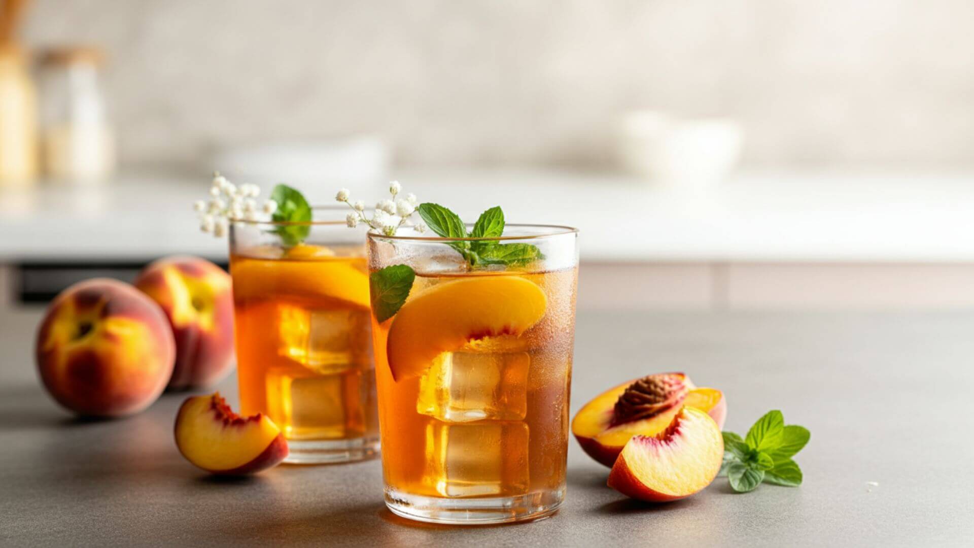 Two glasses of iced peach tea on table with peach fruits on the side