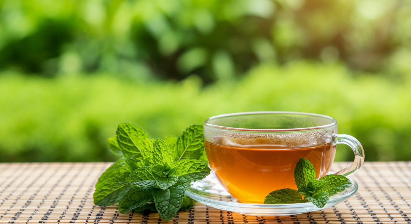 A clear teacup filled with herbal peppermint tea rests on a woven mat, surrounded by fresh green mint tea leaves