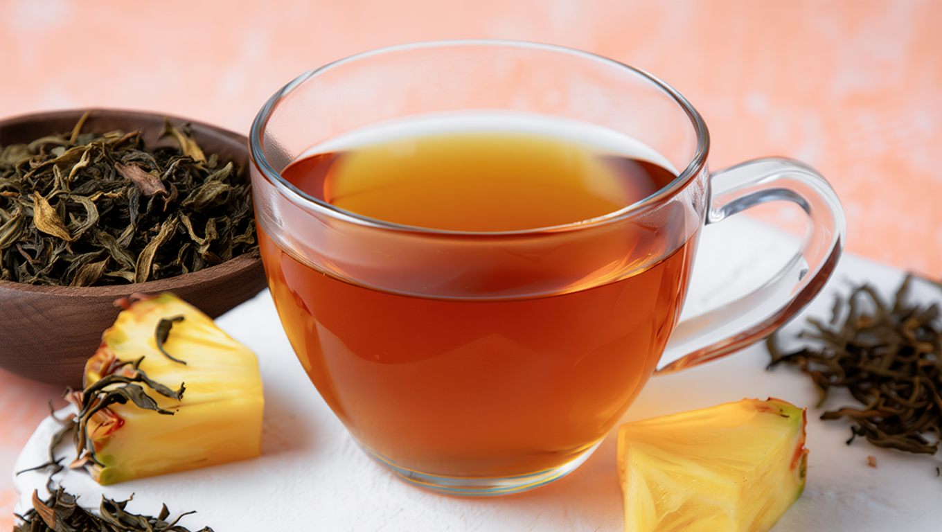 Pineapple tea in a glass cup with pineapple slices on the side on a table, illustrating a pineapple tea recipe made as hot tea and delicious tea with maple syrup, lemon juice, and pineapple peel simmered in a large pot with cinnamon sticks, highlighting v