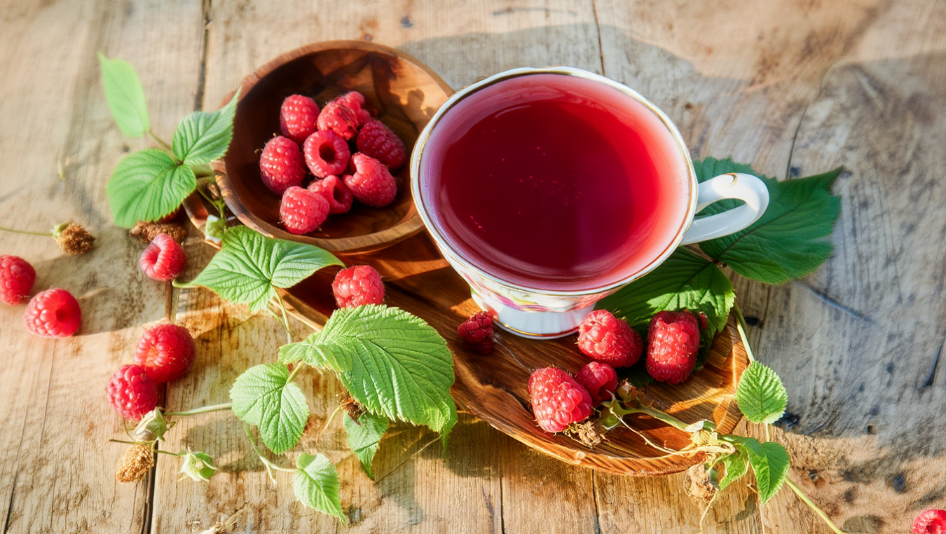 A cup of red raspberry leaf tea with fresh raspberries on the side, known for its good flavor and delicious taste, often recommended by Earth Mama for women to help with menstrual cramps and safe for pregnant individuals consuming it as part of their rout