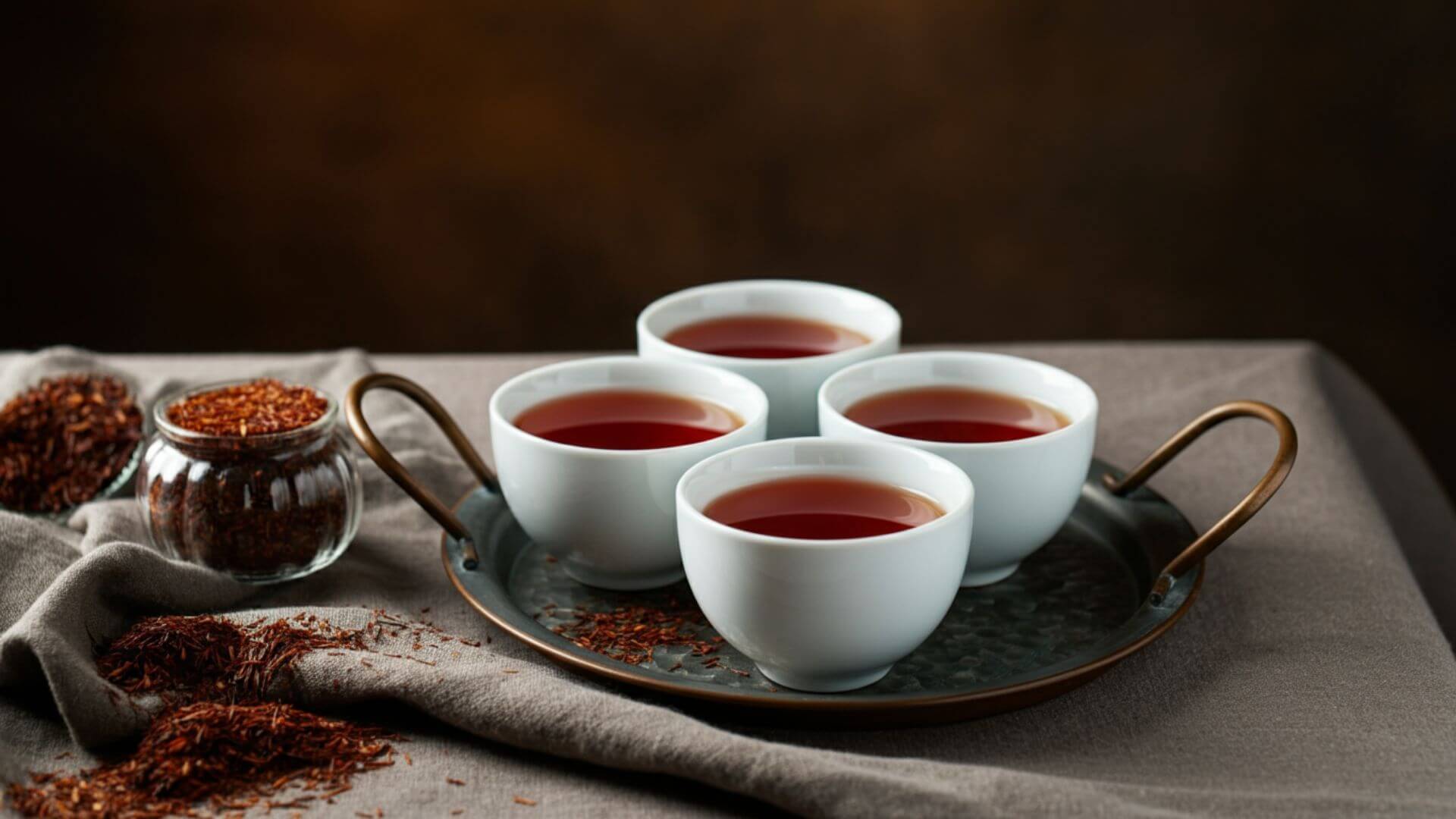 4 Rooibos teas in white teacup arranged neatly on a metal tray with rooibos on the side