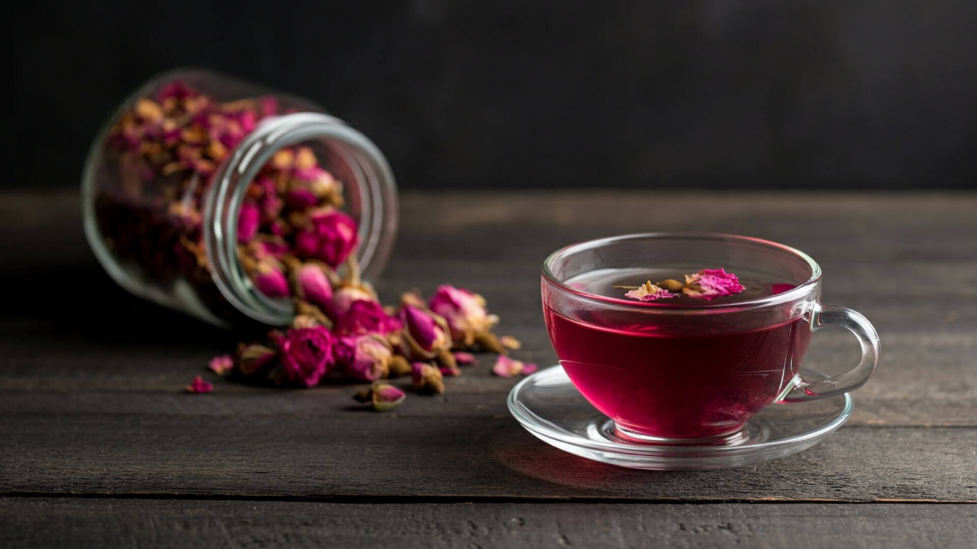 A teacup filled with vibrant pink rose tea behind it is a glass jar with dried rose petals