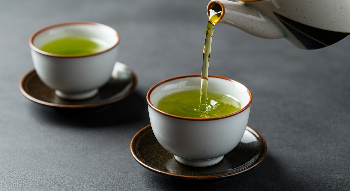 Japanese sencha tea being poured into a small white porcelain teacup with a brown-rimmed edge on a dark saucer