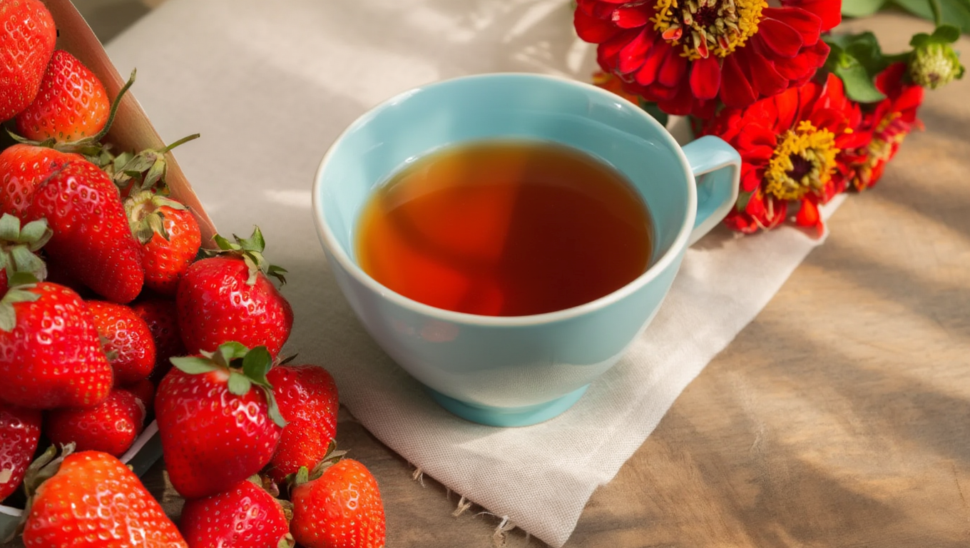 A cup of strawberry tea with a rosy red hue, served in a teacup.
