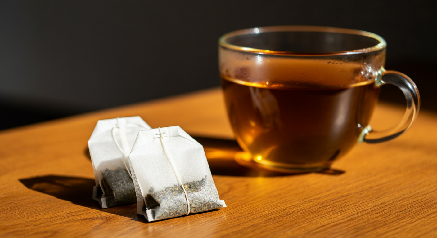 Close-up of two black tea bags with visible dried leaves with a glass of golden black tea.