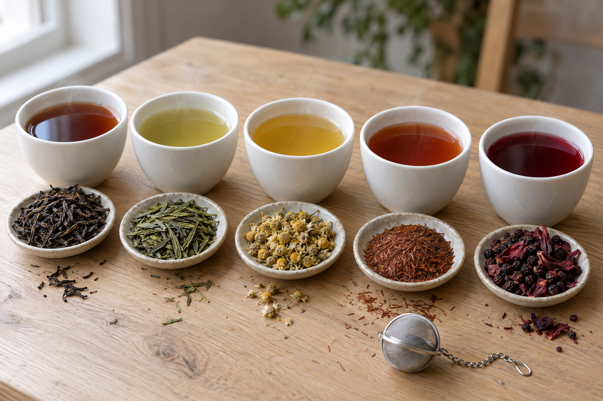 Five white cups of black, green, chamomile, rooibos and berry hibiscus tea on an oak table, each with a dish of its dry tea in front, and a mesh tea ball
