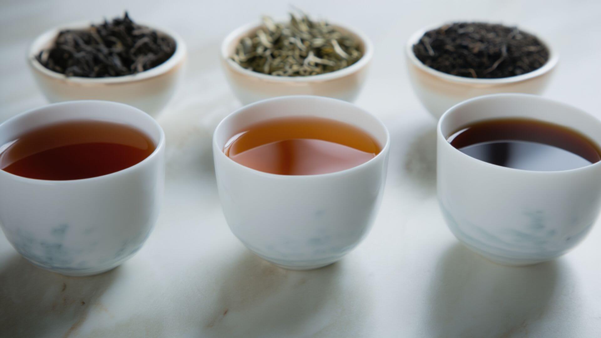 Black tea. oolong tea, and pu-erh tea in a teacup