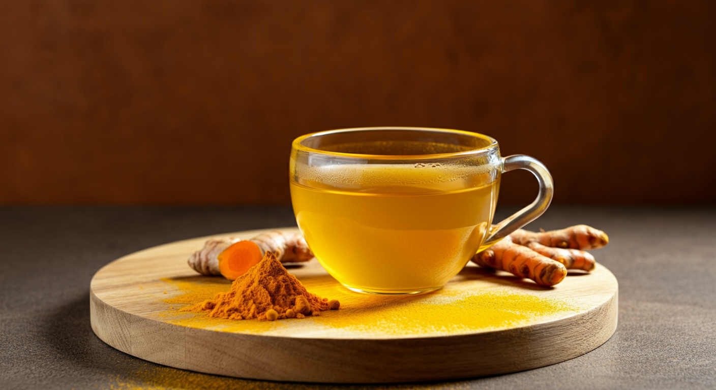 glass cup of turmeric ginger tea on a round wooden board, surrounded by scattered yellow turmeric powder and fresh turmeric root and ginger.