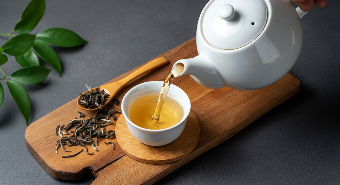 A white porcelain teapot pours white tea into a matching cup on a bamboo coaster, surrounded by scattered green tea leaves from the tea plant