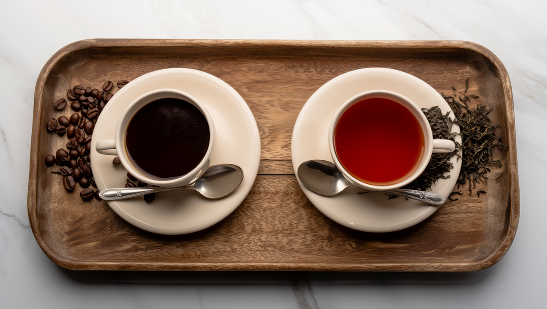 A cup of coffee and black tea in ceramic cups on a wooden tray, highlighting the age old debate between drinking coffee and drinking black tea, both popular caffeinated beverages that affect energy levels, mental alertness, and the central nervous system.