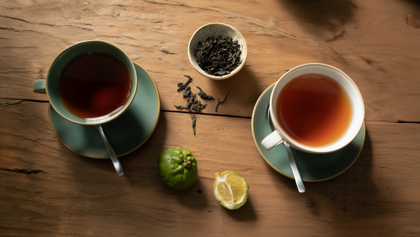 A cup of black tea with a bowl of loose leaf tea and a bergamot fruit on the side, comparing two teas from the same plant, highlighting classic earl grey for earl grey lovers who enjoy a citrus-infused unique brew when they drink tea.