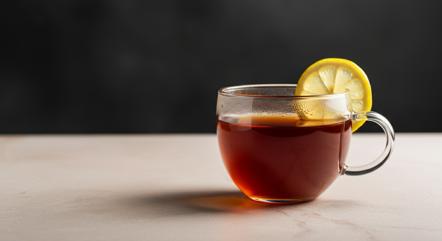 A glass cup filled with decaffeinated sweet tea sits on a light marble surface, the amber liquid topped with a half lemon slice on the rim.