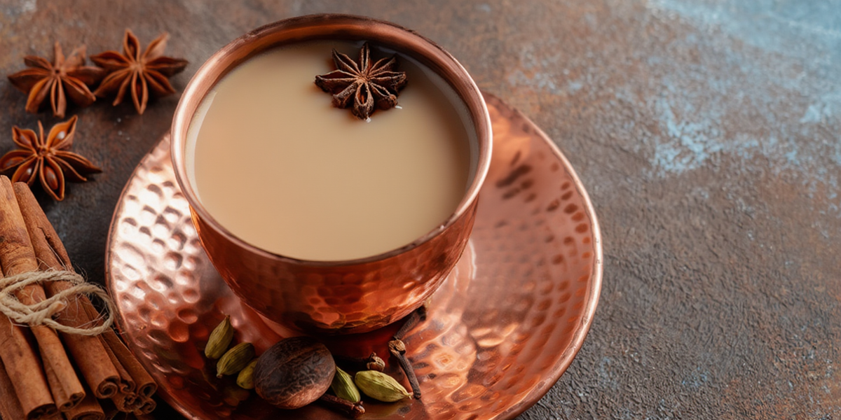 A cup of chai tea in a copper cup and saucer beside loose black tea and whole spices