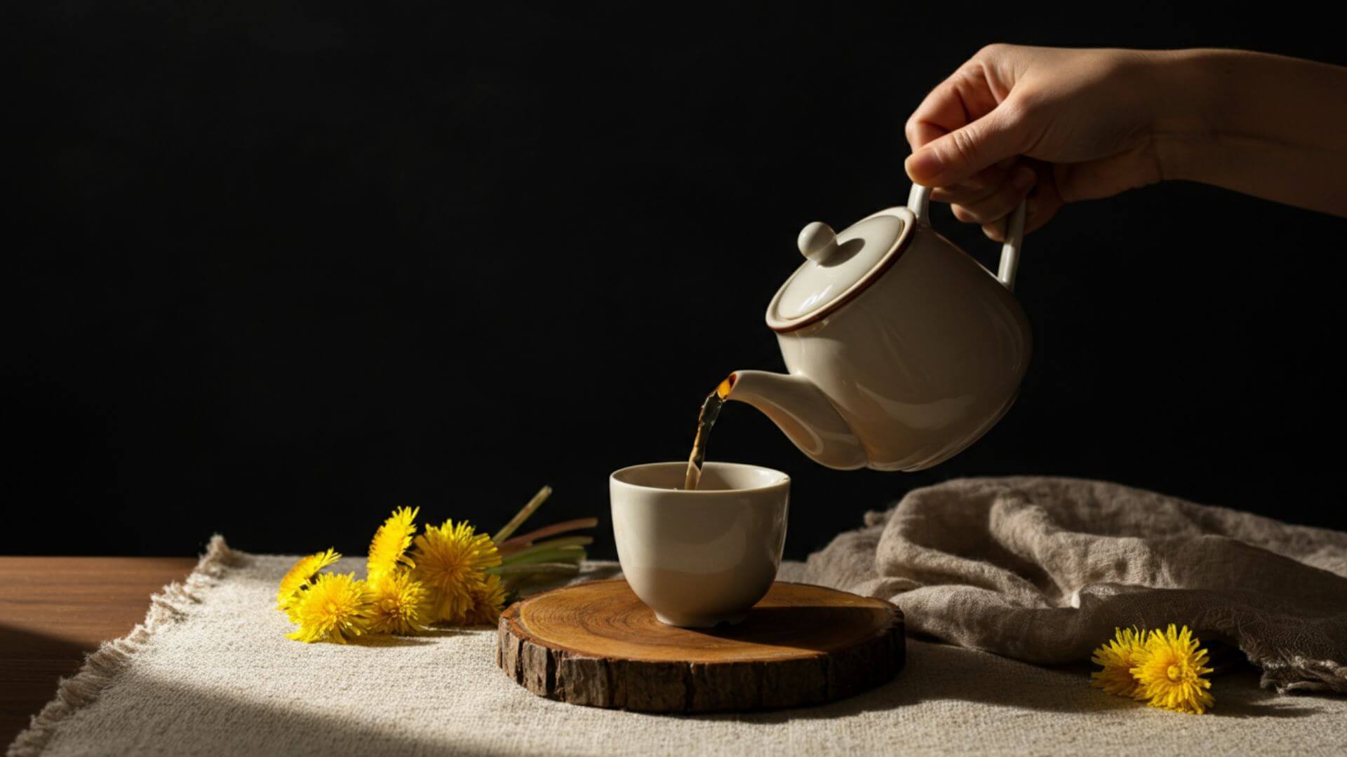 A hand pouring dandelion tea into a teacup with dandelion flowers beside it