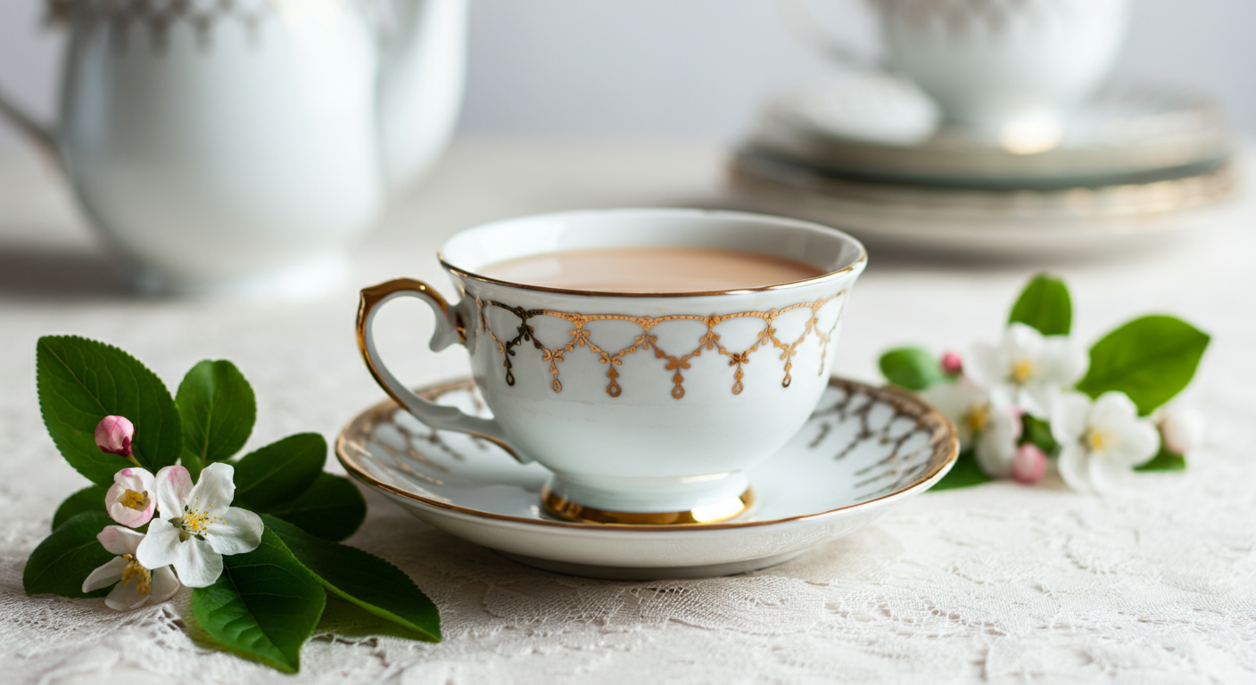 A porcelain teacup with gold trim and matching saucer sits on a lace tablecloth, filled with creamy tea and surrounded by green leaves and white-pink flowers.