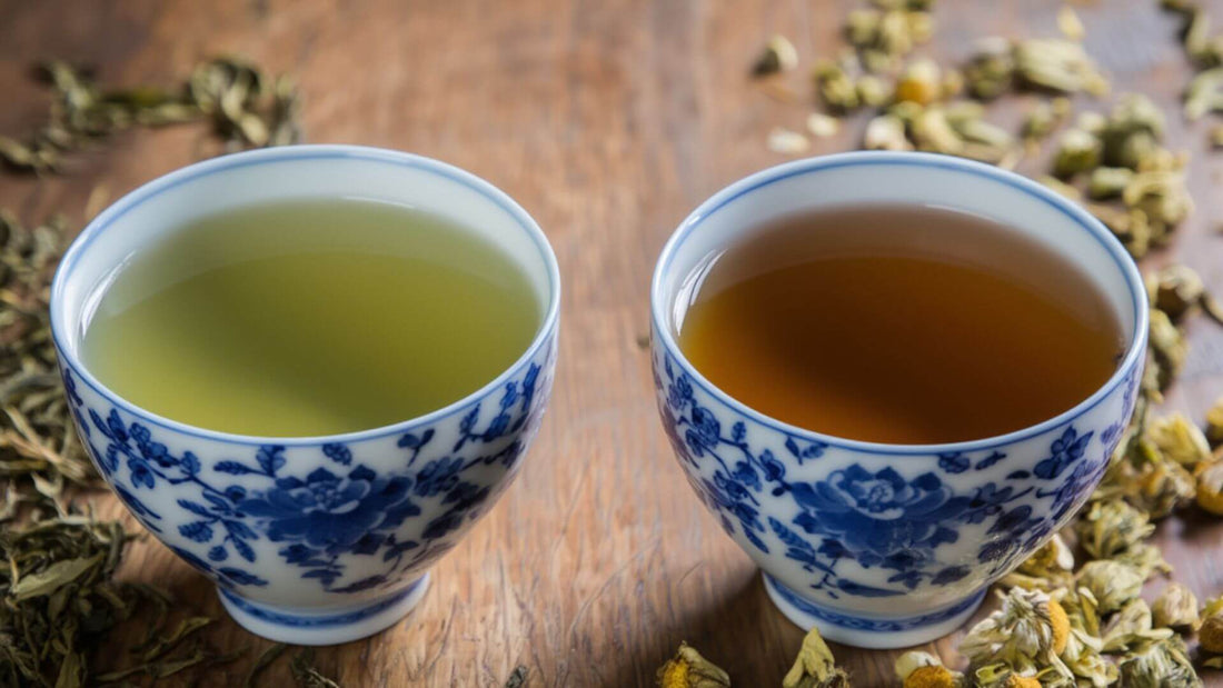 Herbal tea and green tea in a teacup surrounded by loose leaf and dried chamomile